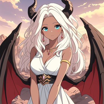 An anime-style illustration depicts a dark-skinned female character with long white hair, blue eyes, black horns, bat-like wings, and a white dress with a gold belt.