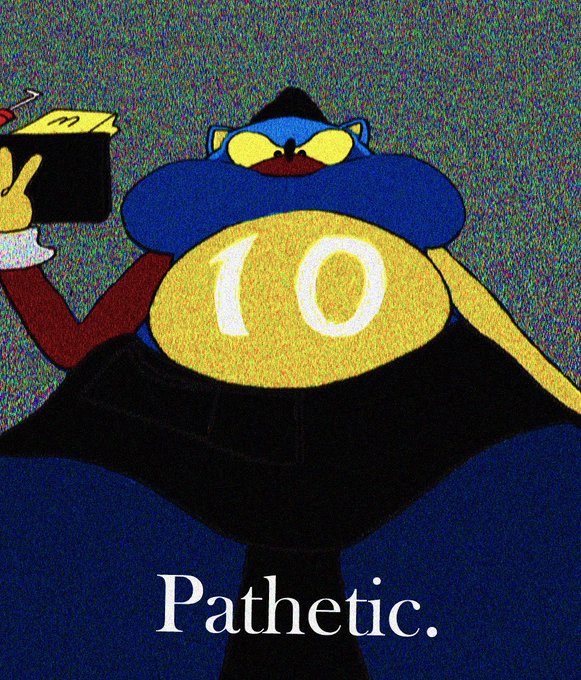 A blue and yellow cartoon character wearing the number 10 holds up a wallet, with the word "Pathetic." displayed in white text below.