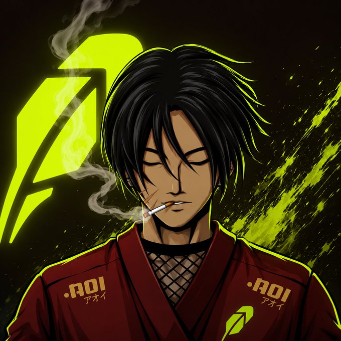 An anime-style illustration of a dark-haired character smoking a cigarette, wearing a red jacket with '.AOI アオイ' text, set against a dark background with green accents and a logo.