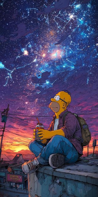 A digital illustration of Homer Simpson sitting on a rooftop ledge drinking from a cup, gazing at a vivid starry night sky and sunset over a cityscape.