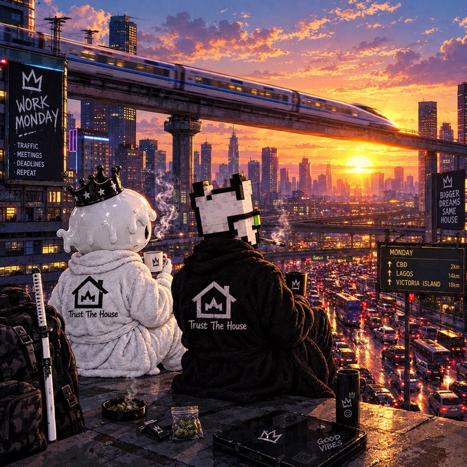 A stylized cityscape at sunset shows two figures (a melting candle and a pixelated character) in robes labeled "Trust The House" overlooking a busy highway, with signs reading "WORK MONDAY" and "MONDAY: CBD 2km, LAGOS 14km, VICTORIA ISLAND 18km."