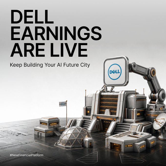 The image features a futuristic industrial cityscape with a central building displaying the Dell logo, accompanied by bold text reading "DELL EARNINGS ARE LIVE" and "Keep Building Your AI Future City," along with the hashtag "#NewFinancialPlatform." This visually promotes Dell's earnings report by tying it to a gamified promotion where users can collect landmark fragments to win a $1,000 Genesis Grand Prize through a Bybit link.