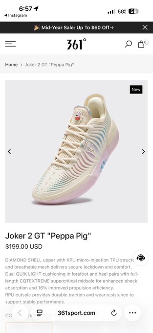 A mobile screenshot from Instagram showing a product page on 361sport.com for the 'Joker 2 GT "Peppa Pig"' sneaker priced at $199.00 USD, featuring a 'Mid-Year Sale: Up To $60 Off' banner.