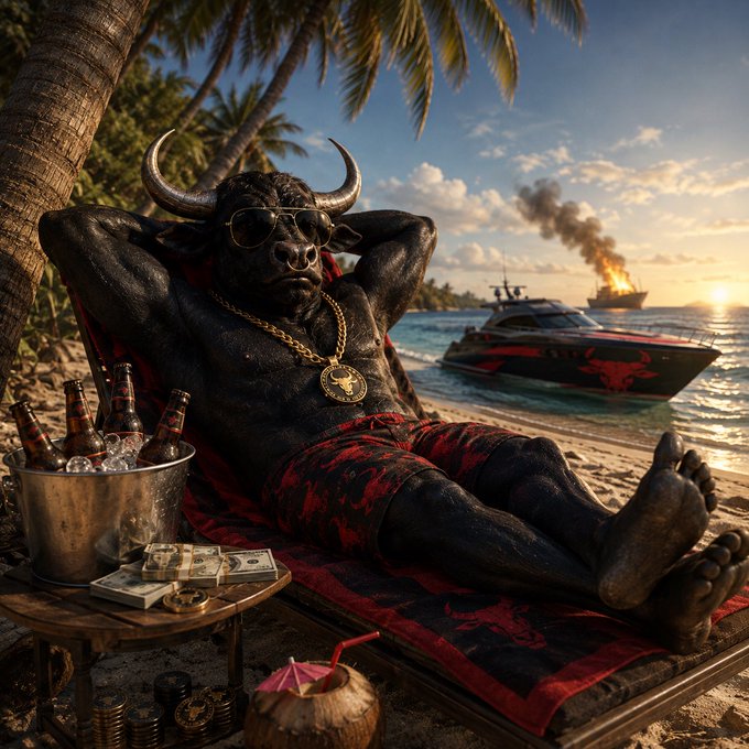 An AI-generated image of a relaxed black bull wearing sunglasses and a gold chain, lounging on a beach chair with beer, money, and a yacht in the background.
