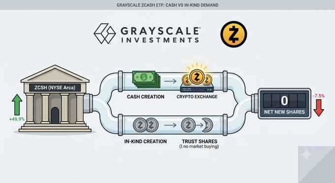 An infographic from Grayscale Investments comparing cash vs in-kind demand for ZCSH (NYSE Arca), showing cash creation through crypto exchange and in-kind creation through trust shares, with +49.9% net new shares and -7.5% indicators.