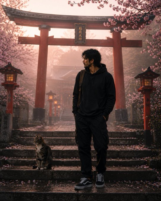 A man in a black hoodie and dark pants standing on stone steps in front of a red Japanese torii gate surrounded by cherry blossoms, with a tabby cat sitting nearby.