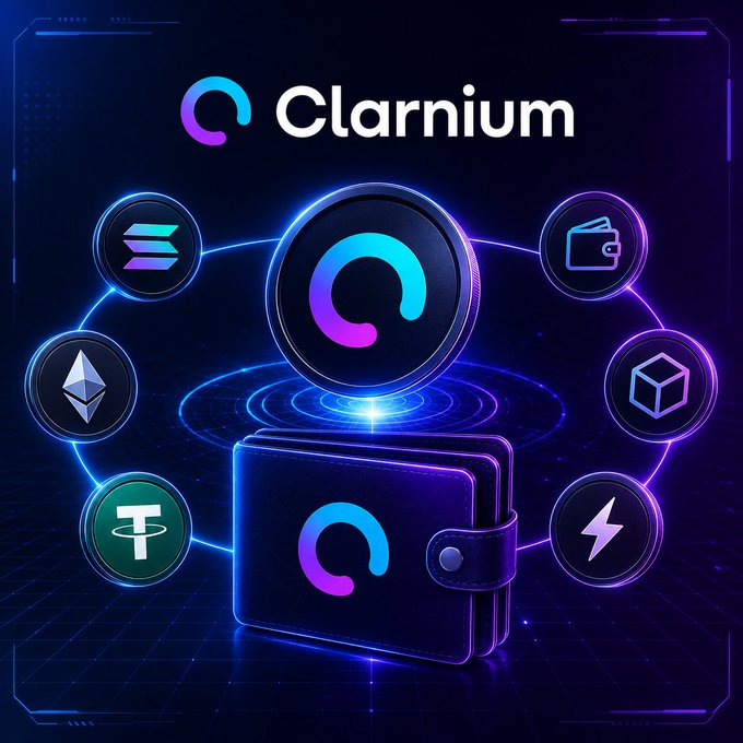 The image shows a wallet with the letters "CLARNIUM" displayed prominently on its front cover. The wallet itself has a blue and purple color scheme, and it features various symbols associated with the cryptocurrency market such as an open bitcoin trading volume indicator, a dollar sign, and a lightning bolt icon. A large graphic of a coin is also visible in the background. The image seems to be promoting the cryptocurrency token "CLARNIUM", possibly serving as a reference for users or highlighting the unique features of this particular currency.