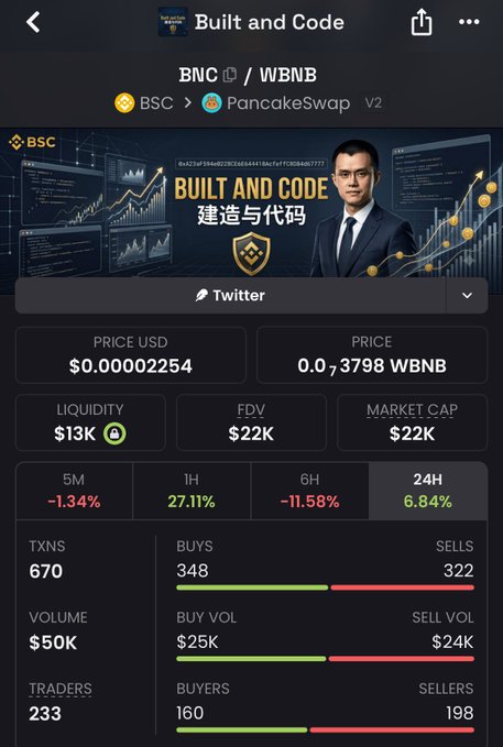 A screenshot of a cryptocurrency tracking page showing the "$BNC / WBNB" token on PancakeSwap V2, displaying metrics such as a price of $0.00002254, market cap of $22K, liquidity of $13K, and 670 transactions. The image illustrates the speculative altcoin positioning mentioned in the post, highlighting $BNC's low market cap as the basis for its comparison to Robinhood's $CASHCAT.