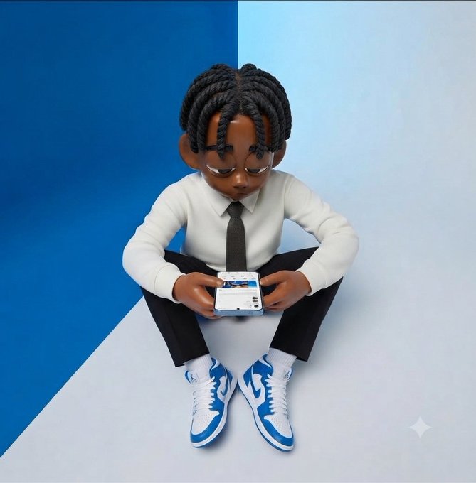 A 3D-rendered figurine of a person with dark braided hair, wearing a white shirt, black tie, black pants, and blue and white sneakers, sits on a gray floor against a blue corner while looking down at a smartphone displaying a webpage.