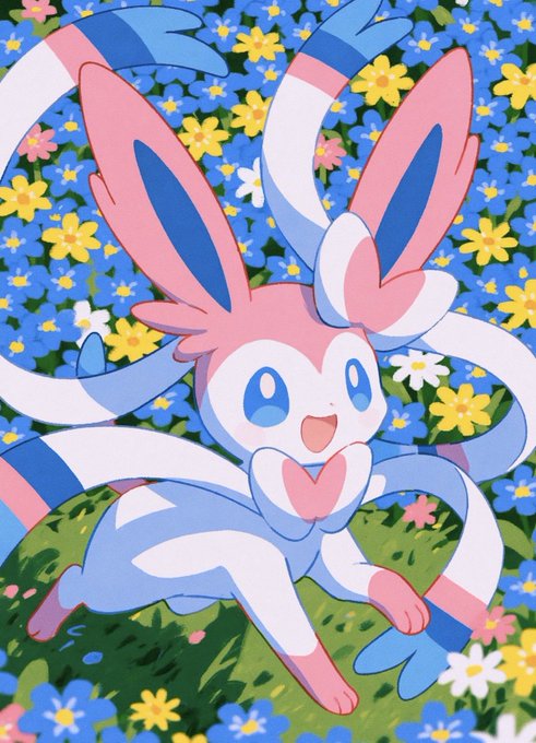 Illustration of the Pokémon Sylveon, a pink and white creature with ribbon-like feelers, lying on grass surrounded by blue and yellow flowers.