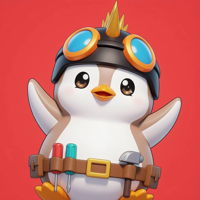 3D cartoon penguin wearing spiked goggles and a utility belt with tools, posed against a red background.