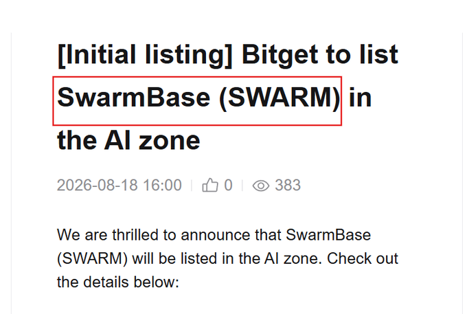 The image is a Bitget announcement confirming the initial listing of SwarmBase ($SWARM) in the AI zone, dated August 18, 2026, with 383 views. This supports the post's update about $SWARM's upcoming Bitget listing on August 19, along with potential additional exchange listings like MEXC as the token launch approaches.