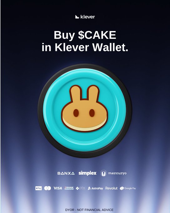 Advertisement for Klever Wallet promoting 'Buy $CAKE' with payment options including Apple Pay, Visa, Mastercard, Simplex, and Bank Transfer.
