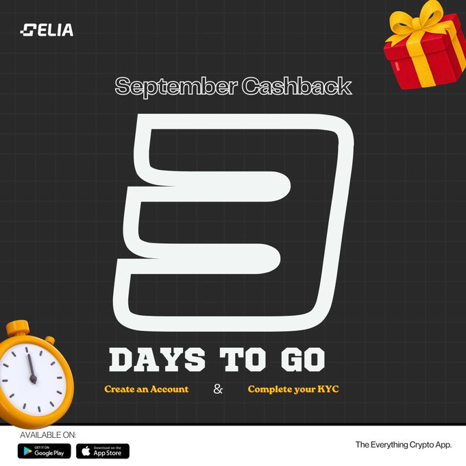 A promotional countdown graphic for ELIA's "September Cashback" campaign featuring a large stylized "3" with "DAYS TO GO" text, flanked by a red gift box and yellow stopwatch, with instructions to "Create an Account & Complete your KYC" and app download links for Google Play and App Store, teasing the imminent ₦5,000,000 giveaway that drew 1,250 Celians in August.