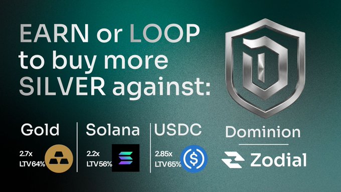 A financial graphic reads 'EARN or LOOP to buy more SILVER against: Gold 2.7x LTV 64%, Solana 2.2x LTV 56%, USDC 2.85x LTV 65%, Dominion Zodial', featuring a silver shield logo.