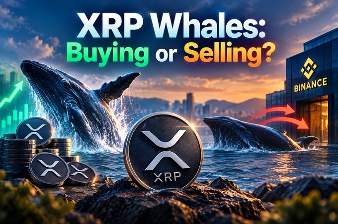 A graphic titled 'XRP Whales: Buying or Selling?' showing XRP coins and breaching whales, with a Binance building in the background and red arrows pointing toward it, suggesting selling activity.