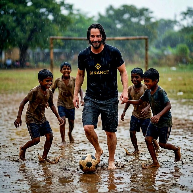 A man with long dark hair and a beard, wearing a black Binance t-shirt, plays barefoot soccer in the mud with several smiling children during a rainstorm.