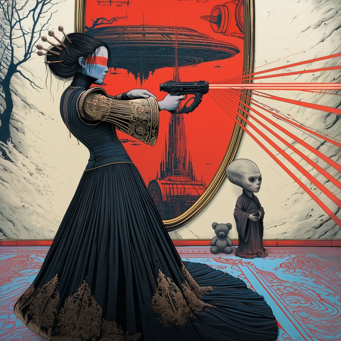 A pale, regal figure in an ornate black gown fires a pistol in a surreal, red-lit chamber while a small alien-like child clutching a teddy bear watches without fear, embodying "The Quiet Witness" artwork by DuckylemonArt now featured on AccessProtocol's creator hub.