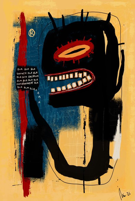 A neo-expressionist style painting featuring a black stylized face with a red eye and toothy grin on a yellow background, with text reading 'BLA BLA BLA' and signed 'M. 22'.