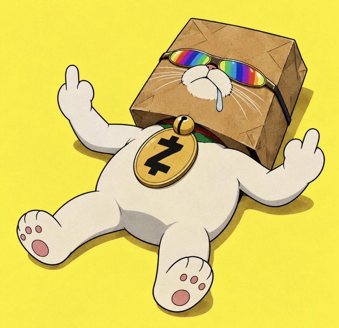 A cartoon character with a brown paper bag over its head, wearing rainbow sunglasses and a Bitcoin medallion, lies on its back against a yellow background.