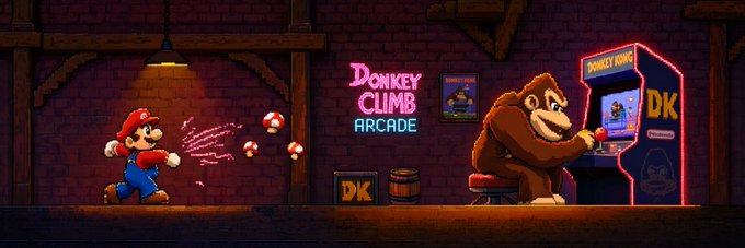 The image features a poster for a video game called Donkey Climb Arcade, which is developed by someone named Mario. The poster showcases two characters from the game - a man and a monkey - standing next to each other with their arms outstretched as if they are about to jump into the air. The background of the poster has a brick wall and neon lights that add to the overall atmosphere of the game. The post also includes text related to the project, such as "I am developing the project closely Donkey Climb Arcade", "I have already spent a lot of effort on its implementation", and "Focus on what is in the image and how it relates to the post".