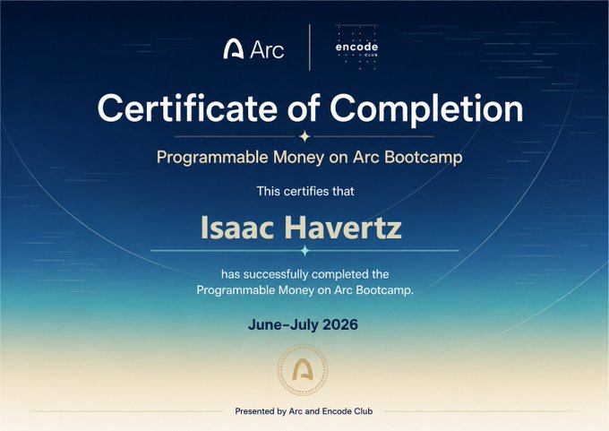 The image shows a digital Certificate of Completion awarded to Isaac Havertz for successfully completing the "Programmable Money on Arc Bootcamp" during June–July 2026, presented by Arc and Encode Club. This corresponds to the accompanying post announcing the availability of certificates for participants of the Arc and Encode Club Bootcamp, marking a learning milestone in programmable money on the Arc platform.