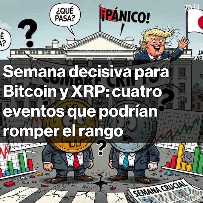 A Spanish-language cartoon illustration depicting Bitcoin and XRP coins as worried characters with the text 'Semana decisiva para Bitcoin y XRP: cuatro eventos que podrían romper el rango' (Decisive week for Bitcoin and XRP: four events that could break the range), featuring panicked figures near a government building.