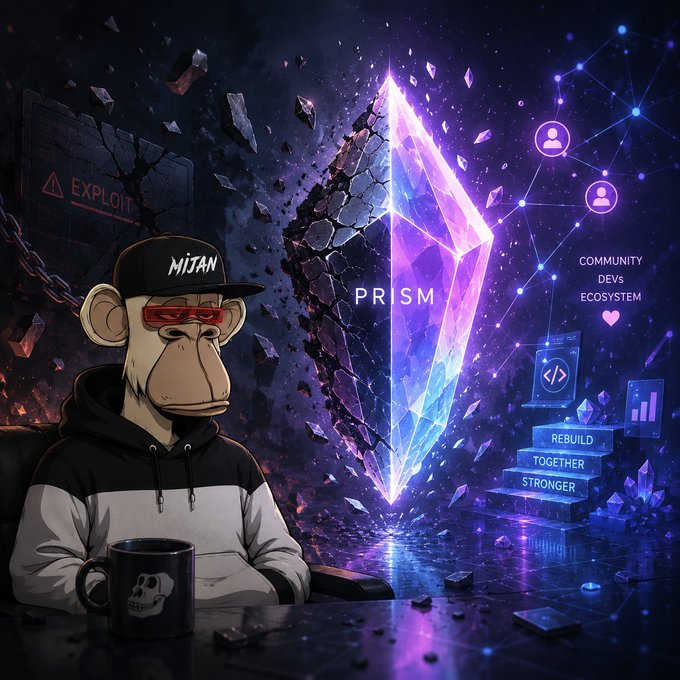A digital artwork features a Bored Ape-style character wearing a 'NIJAN' cap and red sunglasses next to a glowing purple crystal labeled 'PRISM' amid shattering stone, with text reading 'EXPLOIT,' 'COMMUNITY DEV'S,' and 'REBUILD TOGETHER STRONGER' alongside a code icon.