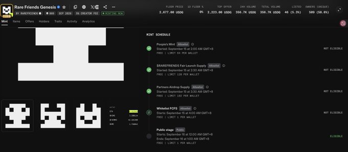 A screenshot of the "Rare Friends Genesis" NFT mint website shows pixel art ghosts, mint schedule details for Pepe's Mint, SHAREFRIENDS Fair Launch Supply, Partners Airdrop, and Public stage, all marked "NOT ELIGIBLE".
