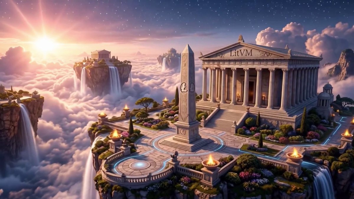 The image features a large, ornate building with columns and a pediment, surrounded by a moat and other architectural elements. The building appears to be an ancient Greek temple or palace, possibly located atop a hill. In the background, there are waterfalls cascading down into a pool below, creating a picturesque scene. A post on social media has been shared with the image, which reads "You don' know what's coming for Litecoin. $LTC". The post seems to be related to the building or the temple in some way, possibly as an advertisement or promotion.