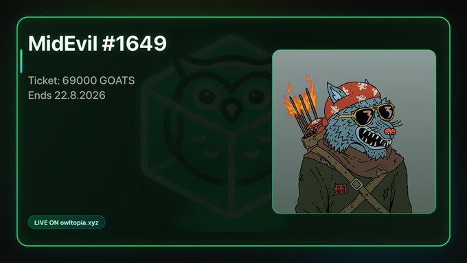 The image is a raffle card for "MidEvil #1649" with a ticket price of 69000 GOATS and ending date 22.8.2026, featuring a cartoon wolf dressed as an archer with a flaming bandolier on owtopia.xyz. It visually promotes the limited-time MidEvil raffle mentioned in the post, where only 4 hours remain and 21 tickets have already been sold.