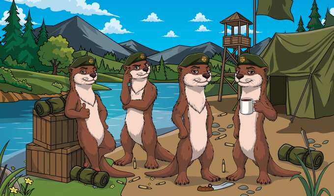 Four otters dressed in military berets stand at a campsite with a lake and watchtower in the background, holding mugs and surrounded by ammunition crates and scattered bullet casings. The image humorously illustrates the post's theme of "removing" or eliminating untrustworthy members from their community (GTD), with the armed otters acting as enforcers patrolling their territory.
