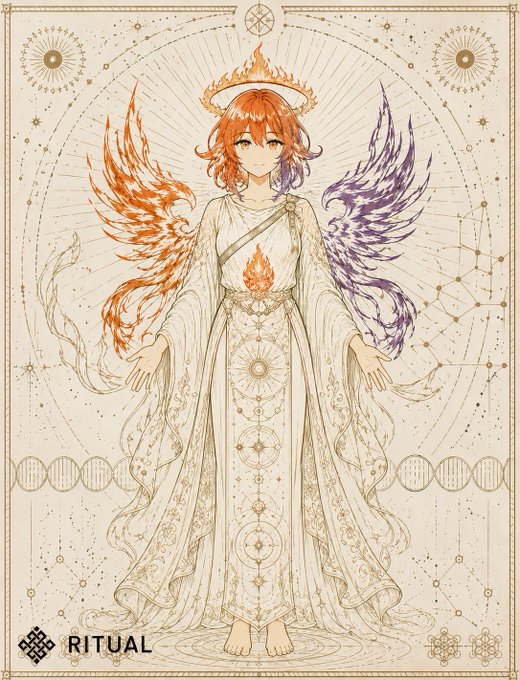 An anime-style illustration titled 'RITUAL' featuring a character with orange and purple hair, a flaming crown/halo, one orange flame wing and one purple flame wing, wearing a white flowing robe with celestial/astrological decorative patterns.