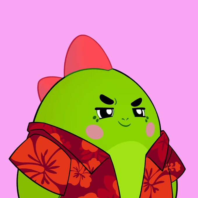 The image features a cartoon character wearing a Hawaiian shirt, which has red flowers printed on it. The character appears to be a green frog or lizard-like creature with a big smile on its face. The character's expression seems to convey a sense of humor or playfulness.