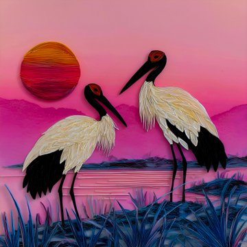 A colorful painting depicting two storks (cranes) standing in a wetland at sunset, with a bright orange sun against a pink and purple sky and blue grass in the foreground.