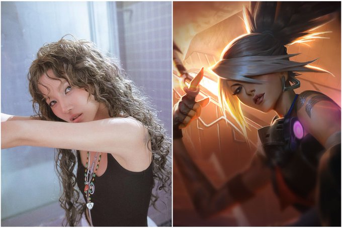 A side-by-side comparison of a young woman with curly hair posing with her arms crossed next to a digital illustration of a similar-looking female warrior character with glowing orange energy.