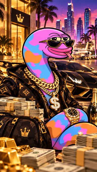 A colorful digital artwork of a pink and blue cartoon character wearing sunglasses, a Louis Vuitton-patterned jacket, gold chains with a dollar sign pendant, and a gold watch, surrounded by stacks of money, gold bars, and luxury items against a city skyline.
