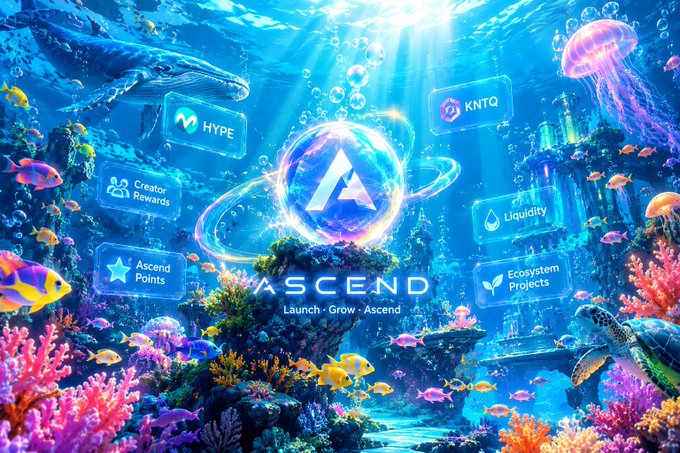 A vibrant underwater coral reef scene showcases the Ascend ("Launch • Grow • Ascend") ecosystem orb surrounded by feature icons like HYPE, KNTO, Creator Rewards, Ascend Points, Liquidity, and Ecosystem Projects, visually representing the platform's diversified tokenomics now split evenly between HYPE and KNTO buybacks.