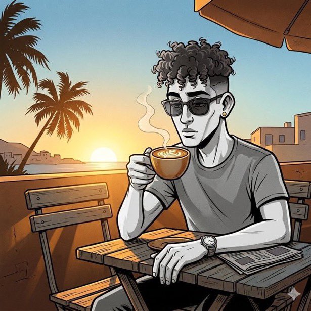 A stylized illustration of a young man with curly hair and sunglasses holding a cup of coffee at a wooden table, wearing a gray t-shirt and a watch, with a newspaper nearby, set against a tropical sunset background with palm trees.
