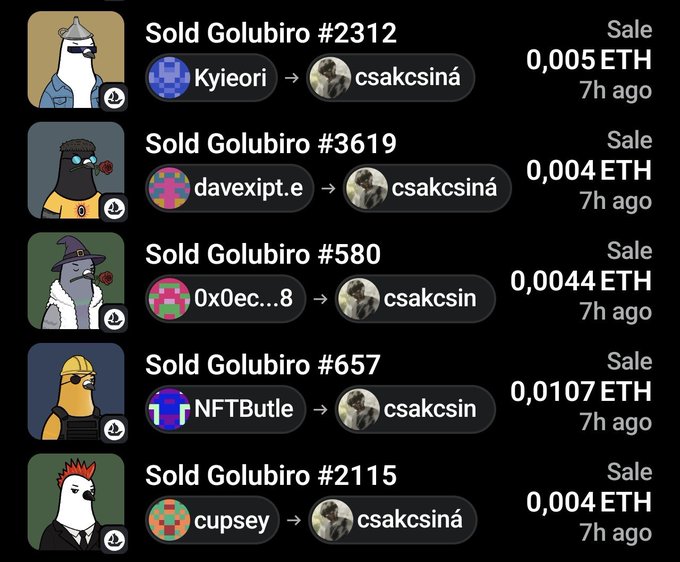A list of NFT sales showing multiple 'Sold Golubiro' transactions to user 'csakcsiná' from various sellers (Kyieori, davexipt.e, 0x0ec...8, NFTbutle, cupsey) with prices ranging from 0.004 to 0.0107 ETH, all occurring 7h ago.