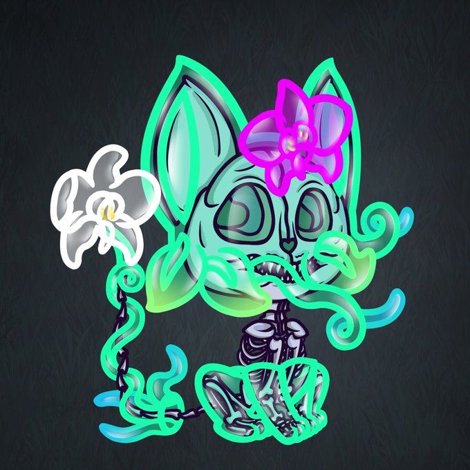 A neon-green glowing cartoon cat-like creature with orchid flowers and swirling decorative accents celebrates a "Happy Friyay" thank-you post for adopting the "Orchid Spookat" NFT, with the green and pink orchid motifs matching the character shown.