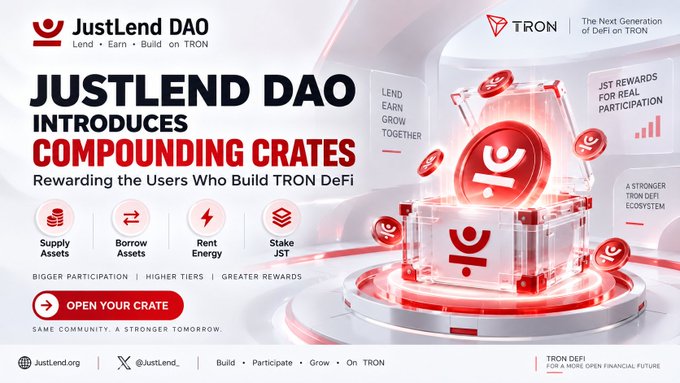 Promotional banner for JustLend DAO introducing 'Compounding Crates' on TRON, featuring icons for Supply Assets, Borrow Assets, Rent Energy, and Stake JST with an 'Open Your Crate' button.