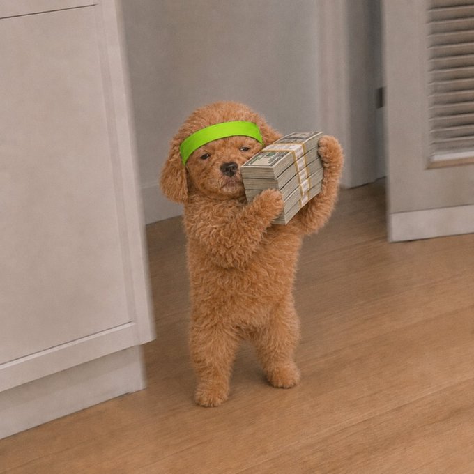 A fluffy brown dog standing on its hind legs wearing a green headband, proudly holding a stack of banded cash in its paws in a home interior.