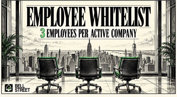 An illustrated advertisement titled 'EMPLOYEE WHITELIST' stating '3 EMPLOYEES PER ACTIVE COMPANY', featuring three office chairs facing a city skyline window, with 'BELL STREET' branding in the corner.