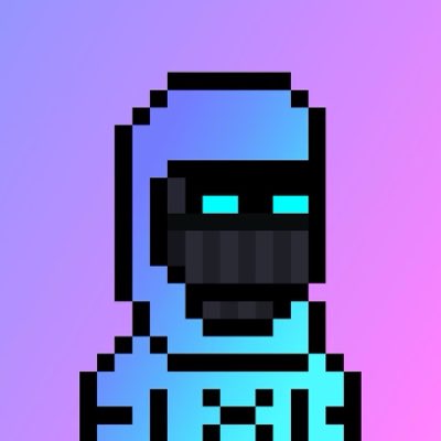 A pixel art portrait shows a character with a blue cap, dark visor, and glowing cyan eyes against a purple-to-pink gradient background.