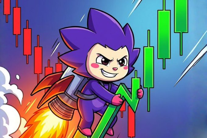 A determined purple hedgehog-like chibi character with rocket boosters soars upward while gripping a large green arrow, surrounded by bullish green and bearish red candlestick charts symbolizing a strong market rally. The image visually reinforces the post's message that $CHOG is a resilient memecoin that defies typical pump-and-dump patterns by charting a sustained upward trajectory.