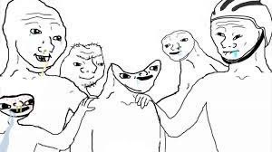 A black and white cartoon-style drawing featuring several exaggerated faces and characters, resembling internet meme art.