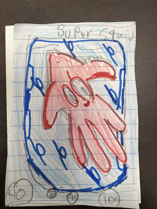 A child's drawing on lined notebook paper titled 'Super Squid' depicts a red squid-like creature surrounded by blue water markings and numbered circles below.