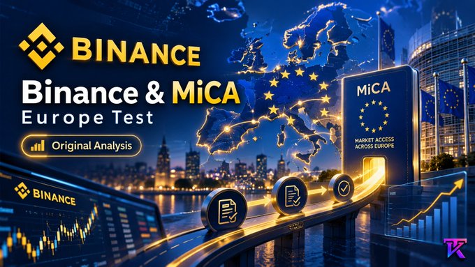 A Binance promotional graphic for "Binance & MiCA Europe Test" featuring an "Original Analysis" badge, MiCA market access across Europe, and European landmarks in the background.