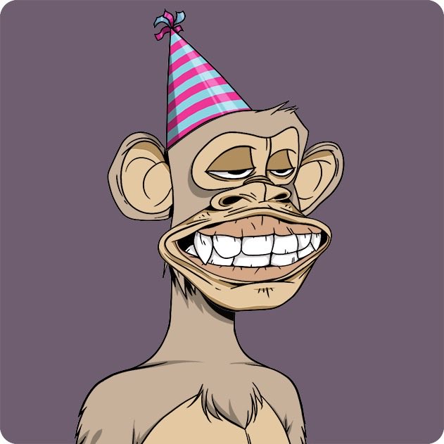 A cartoon ape wearing a pink and blue striped party hat, grinning widely against a solid purple background. The image aligns with the post from @BoredApeYC, showcasing a new character from the Bored Ape Yacht Club NFT collection.